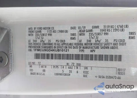 2019 Ford Escape Se from USA, damaged, VIN 1FMCU9GD4KUB10121